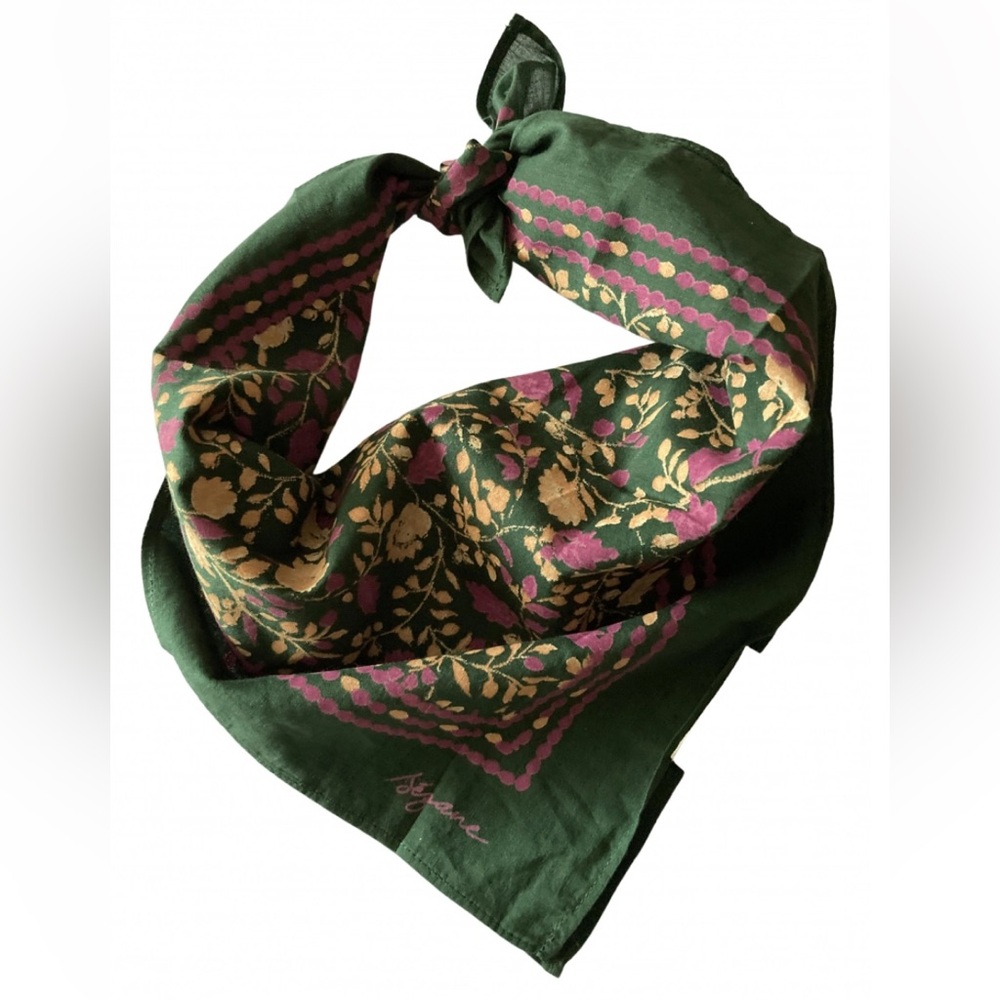 Sezane Gaston square cotton scarf green Indian floral block print